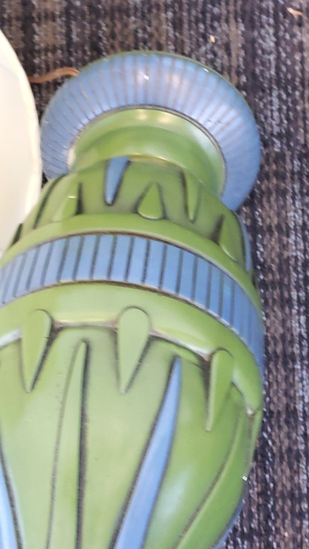 Mid Century Green and Blue Ceramic Table Lamp with Cream Drum Shade, 23 in - 4