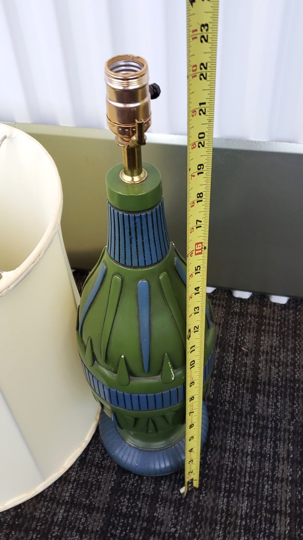 Mid Century Green and Blue Ceramic Table Lamp with Cream Drum Shade, 23 in - 5