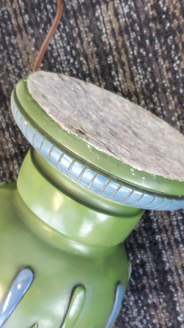 Mid Century Green and Blue Ceramic Table Lamp with Cream Drum Shade, 23 in - 7