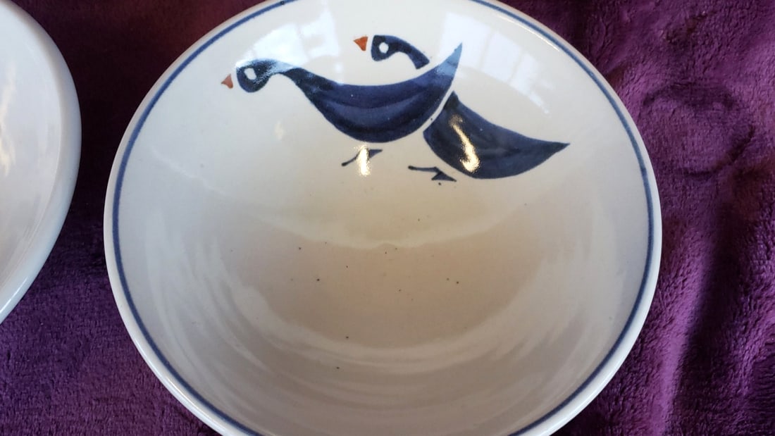 Pair of Signed 6 in Ceramic Bowls with Folk Art Children and Blue Bird Designs - 2