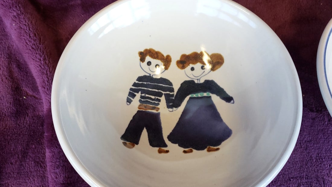 Pair of Signed 6 in Ceramic Bowls with Folk Art Children and Blue Bird Designs - 3