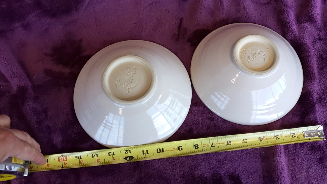 Pair of Signed 6 in Ceramic Bowls with Folk Art Children and Blue Bird Designs - 5