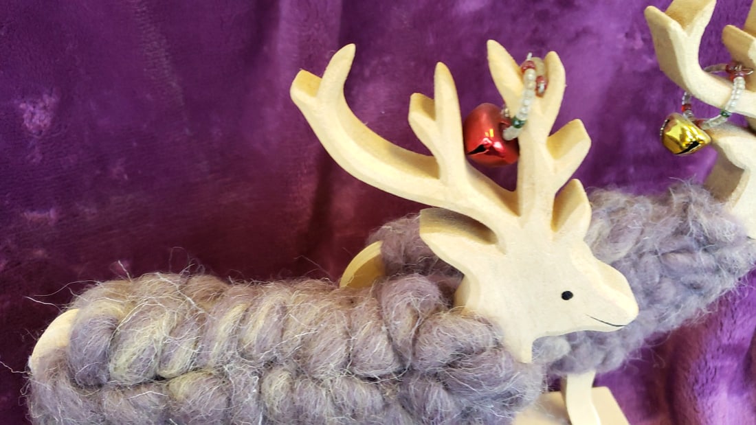 Pair of Wooden Reindeer Figurines with Wool Bodies and Jingle Bell Antlers on Bases - 2