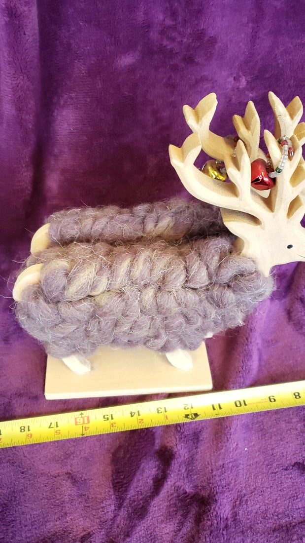 Pair of Wooden Reindeer Figurines with Wool Bodies and Jingle Bell Antlers on Bases - 5