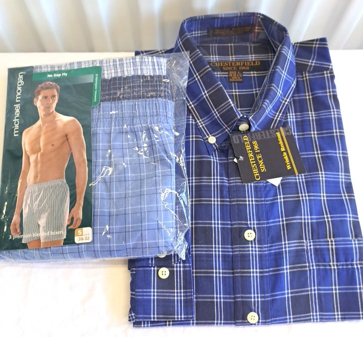 Chesterfield Blue Plaid Shirt Size L 16-16.5 & Michael Morgan Boxers S 30-32: 11 x 9 x 4in. 1lb Low Estimate: 5.00 High Estimate: 15.00