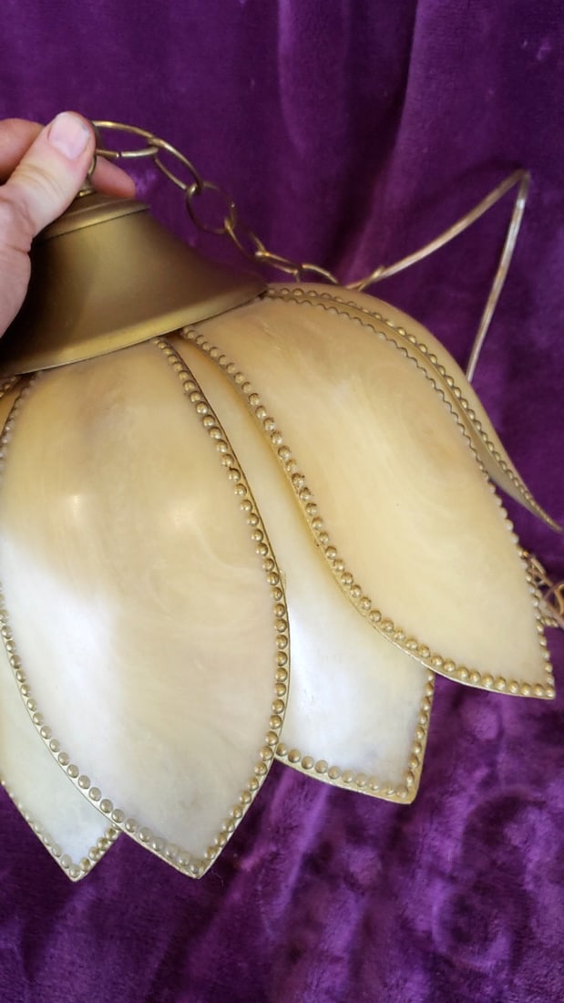 Lotus Flower Pendant Light, Ivory Plastic Petal Shade, Brass-Tone Chain and Canopy - 2