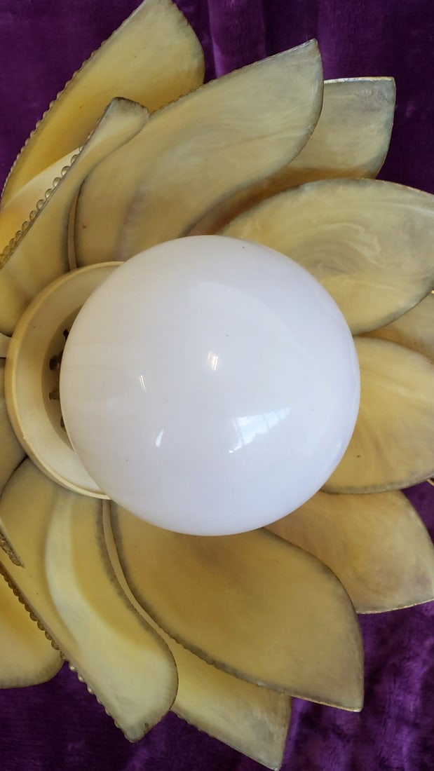 Lotus Flower Pendant Light, Ivory Plastic Petal Shade, Brass-Tone Chain and Canopy - 3
