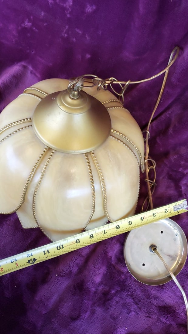 Lotus Flower Pendant Light, Ivory Plastic Petal Shade, Brass-Tone Chain and Canopy - 5