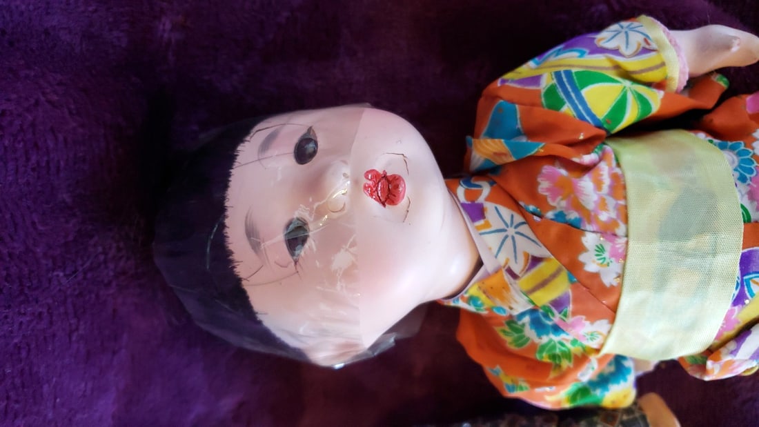 Japanese Kimono Doll Lot, Large Orange Floral Baby Doll with 2 Small Patterned Dolls, 10 in - 2