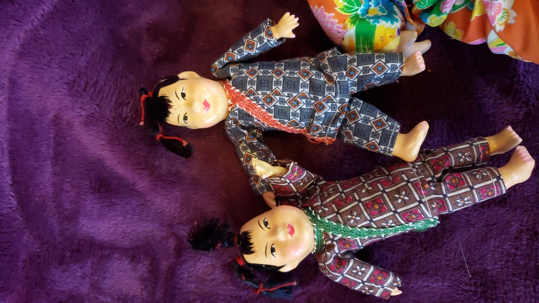 Japanese Kimono Doll Lot, Large Orange Floral Baby Doll with 2 Small Patterned Dolls, 10 in - 3