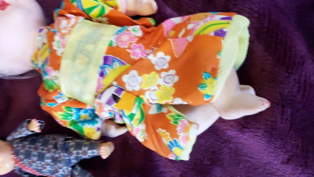 Japanese Kimono Doll Lot, Large Orange Floral Baby Doll with 2 Small Patterned Dolls, 10 in - 4