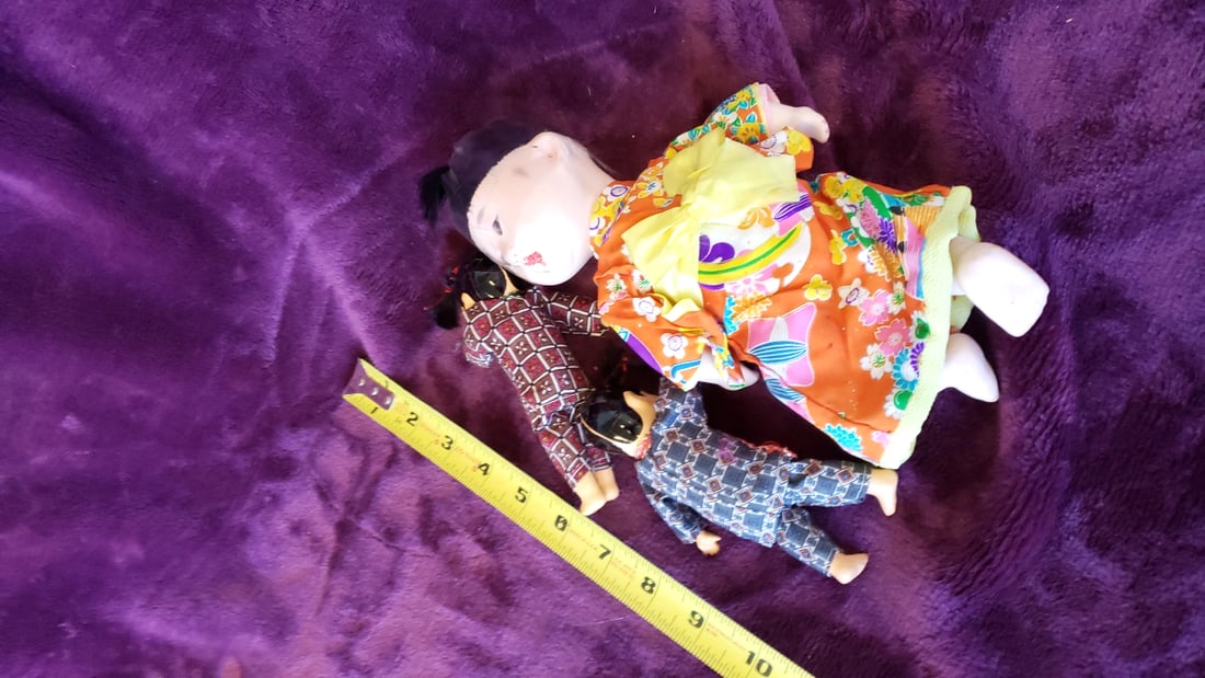 Japanese Kimono Doll Lot, Large Orange Floral Baby Doll with 2 Small Patterned Dolls, 10 in - 5