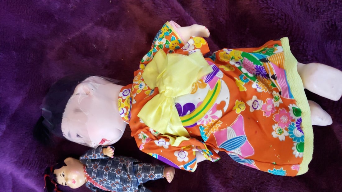 Japanese Kimono Doll Lot, Large Orange Floral Baby Doll with 2 Small Patterned Dolls, 10 in - 7
