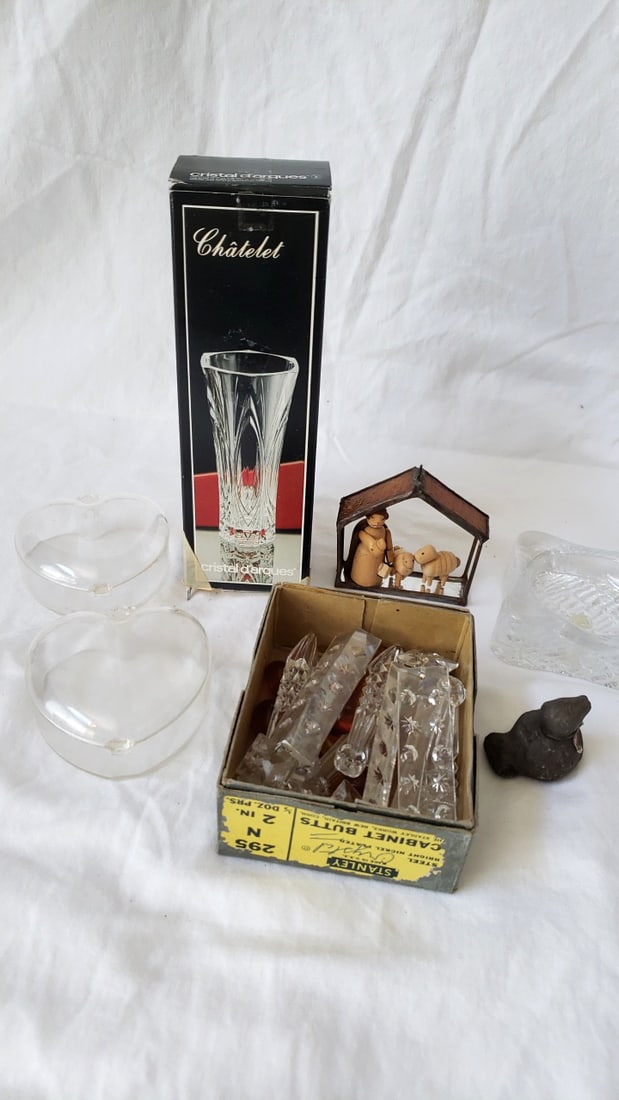 Mixed Glass Crystal Decor Lot Cristal dArques Chtelet Box, Chandelier Prisms, Nativity (1 of 5)