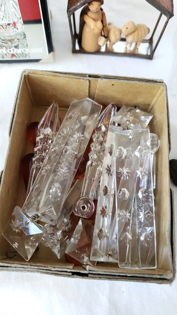 Mixed Glass Crystal Decor Lot Cristal dArques Chtelet Box, Chandelier Prisms, Nativity - 2
