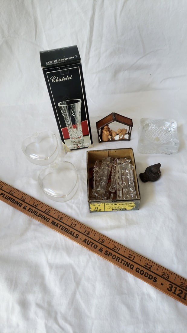 Mixed Glass Crystal Decor Lot Cristal dArques Chtelet Box, Chandelier Prisms, Nativity - 4