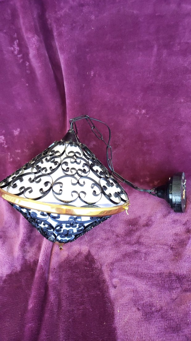 Vintage Hanging Pendant Light with Black Scroll Metal, White Glass Panels, Gold Trim and Chain: 10 x 9 x 10 3 lb Low Estimate: 25.00 High Estimate: 125.00