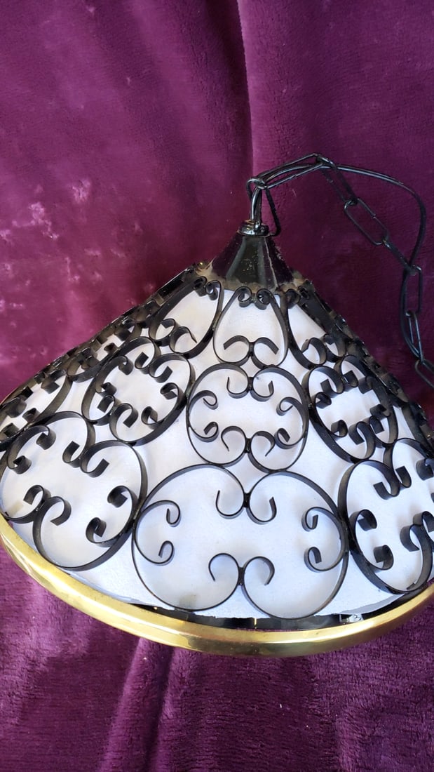 Vintage Hanging Pendant Light with Black Scroll Metal, White Glass Panels, Gold Trim and Chain - 2