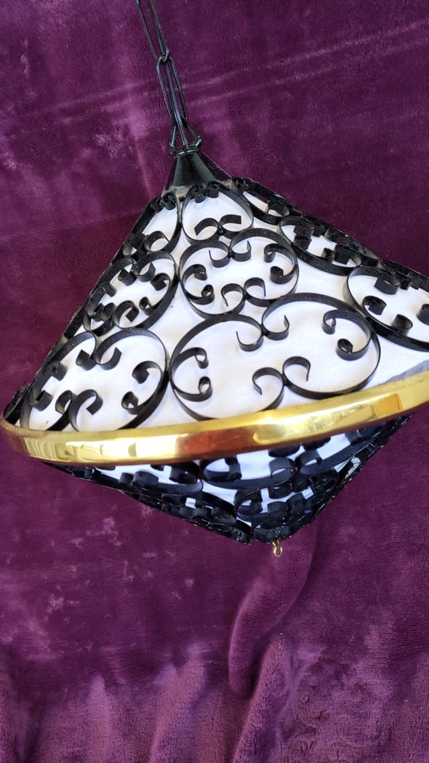 Vintage Hanging Pendant Light with Black Scroll Metal, White Glass Panels, Gold Trim and Chain - 4
