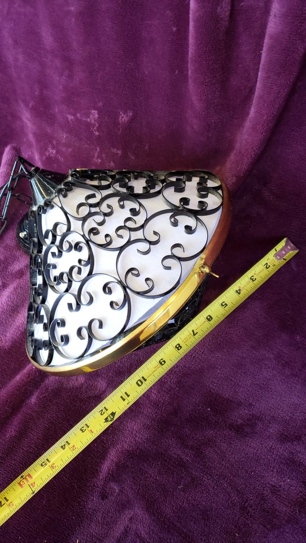 Vintage Hanging Pendant Light with Black Scroll Metal, White Glass Panels, Gold Trim and Chain - 5