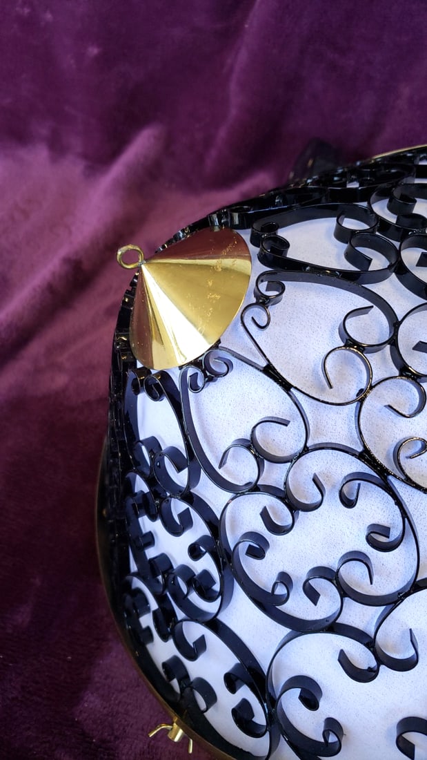 Vintage Hanging Pendant Light with Black Scroll Metal, White Glass Panels, Gold Trim and Chain - 7