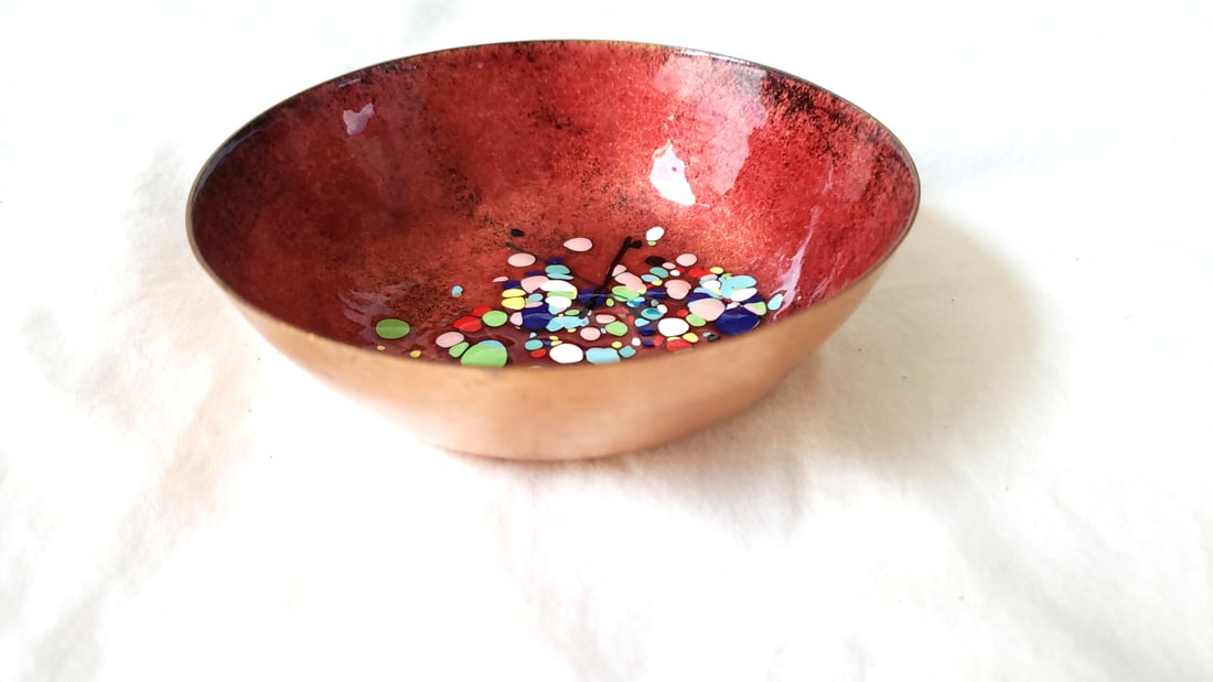 Enameled Copper Bowl Red Interior Multicolor Confetti Design 4.5 in - 2