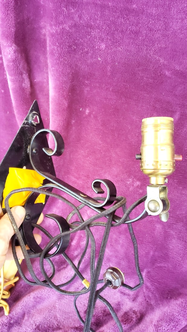 Plug-In Wall Sconce Lamp Lot: Black Wrought Iron & Brown Faux Candle, Cloth Cords - 2
