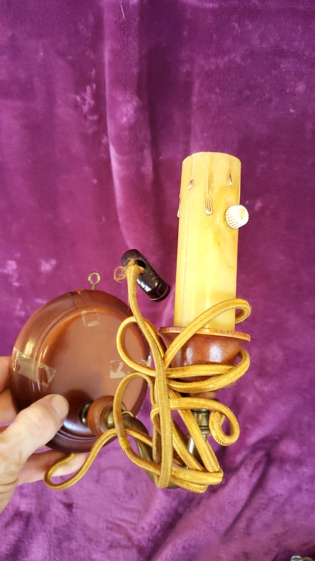 Plug-In Wall Sconce Lamp Lot: Black Wrought Iron & Brown Faux Candle, Cloth Cords - 3