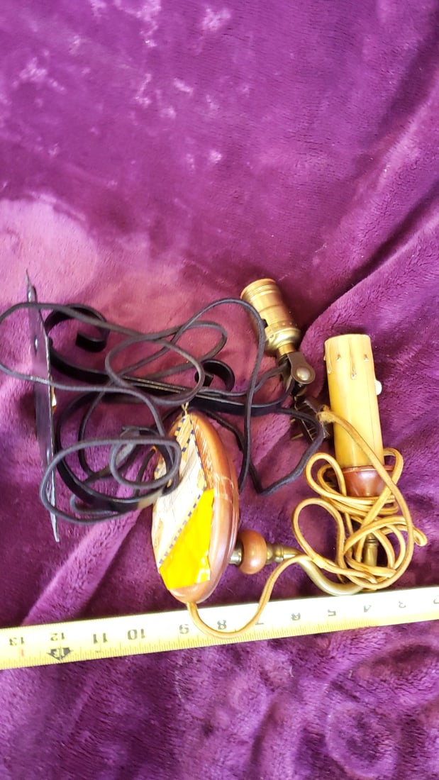 Plug-In Wall Sconce Lamp Lot: Black Wrought Iron & Brown Faux Candle, Cloth Cords - 5
