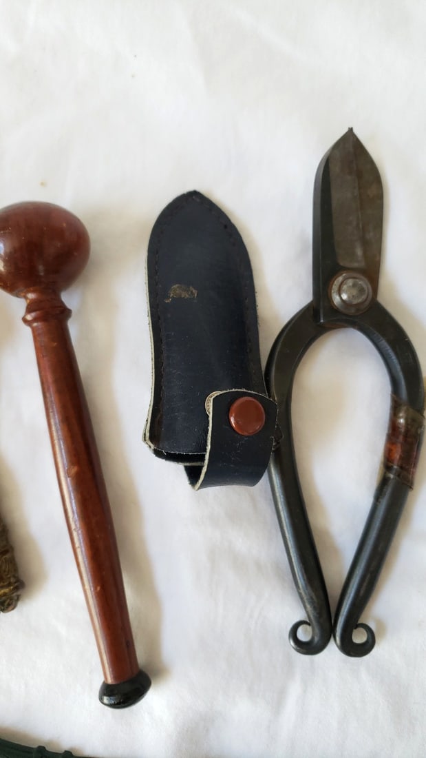 Kitchen Utensil Lot Nutcracker, Brass Tongs, Wooden Muddler, Bonsai Shears - 3
