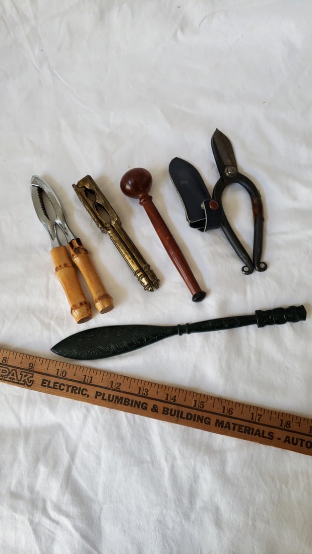 Kitchen Utensil Lot Nutcracker, Brass Tongs, Wooden Muddler, Bonsai Shears - 5