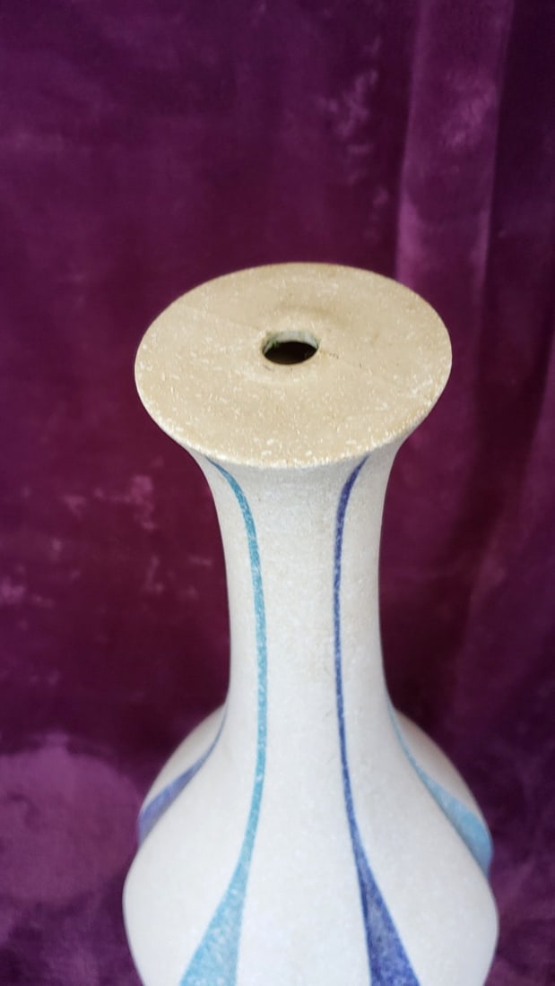 mid century Speckled Cream Ceramic Lamp Base with Blue Teal Vertical Stripe Design - 2