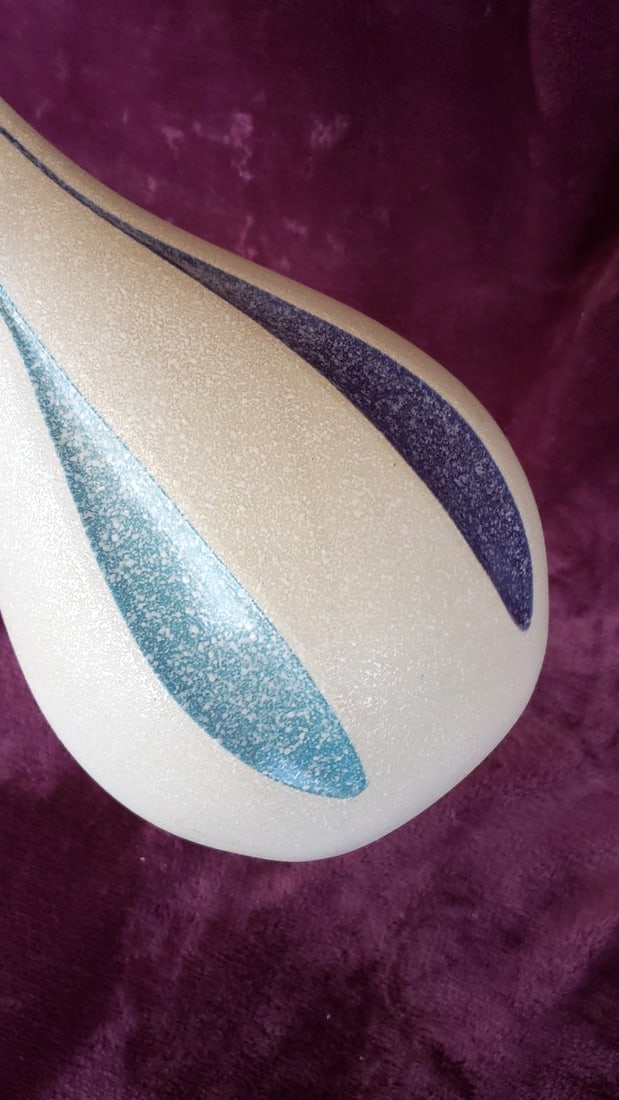 mid century Speckled Cream Ceramic Lamp Base with Blue Teal Vertical Stripe Design - 3