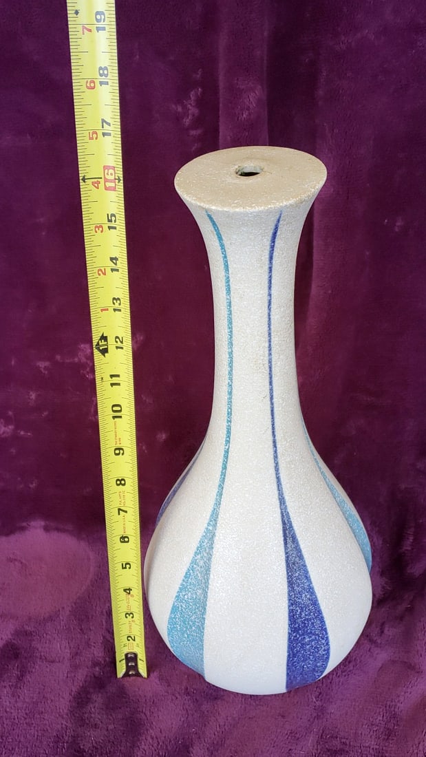 mid century Speckled Cream Ceramic Lamp Base with Blue Teal Vertical Stripe Design - 5