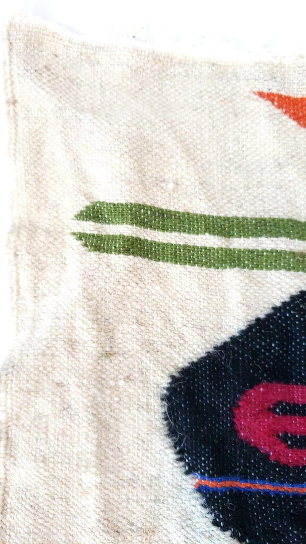 Woven Textile Wall Hanging Rug Bird Motif Beige Black Red Green Fringed Edges - 2