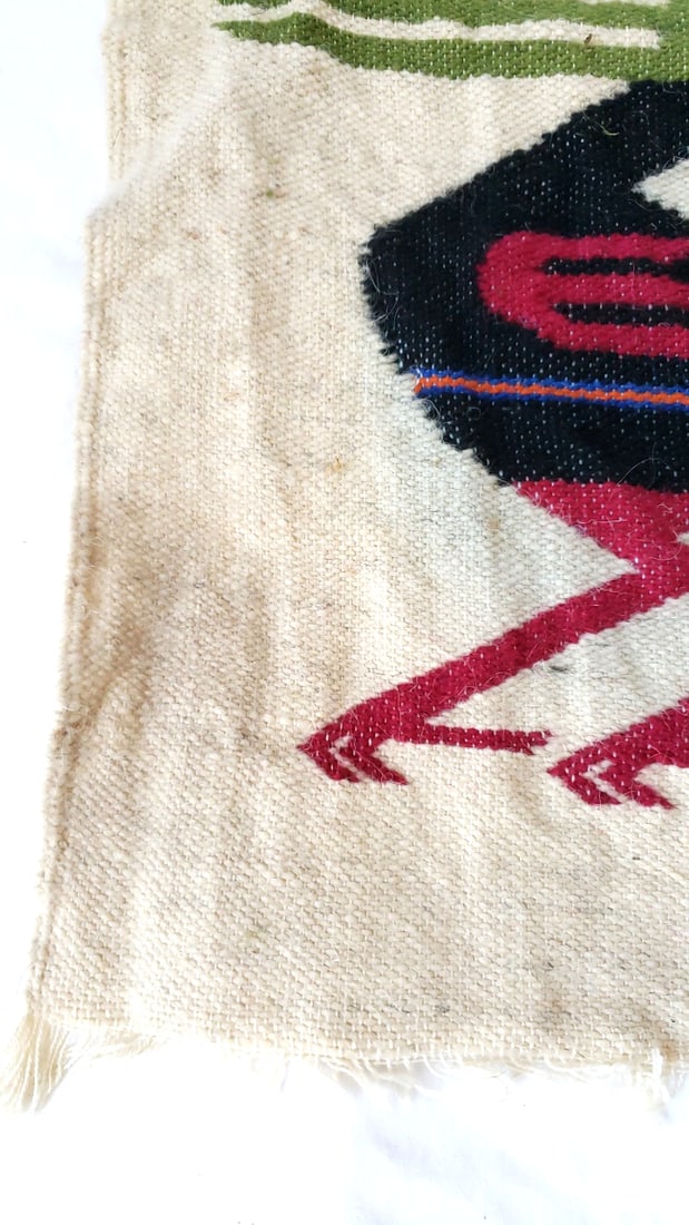Woven Textile Wall Hanging Rug Bird Motif Beige Black Red Green Fringed Edges - 3