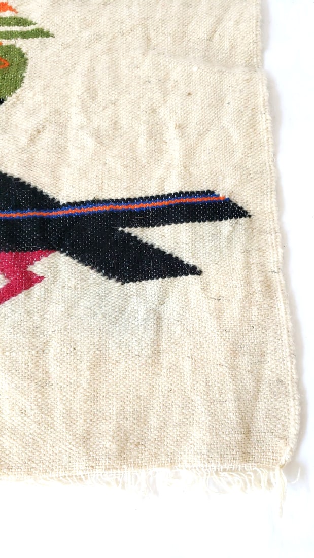Woven Textile Wall Hanging Rug Bird Motif Beige Black Red Green Fringed Edges - 4