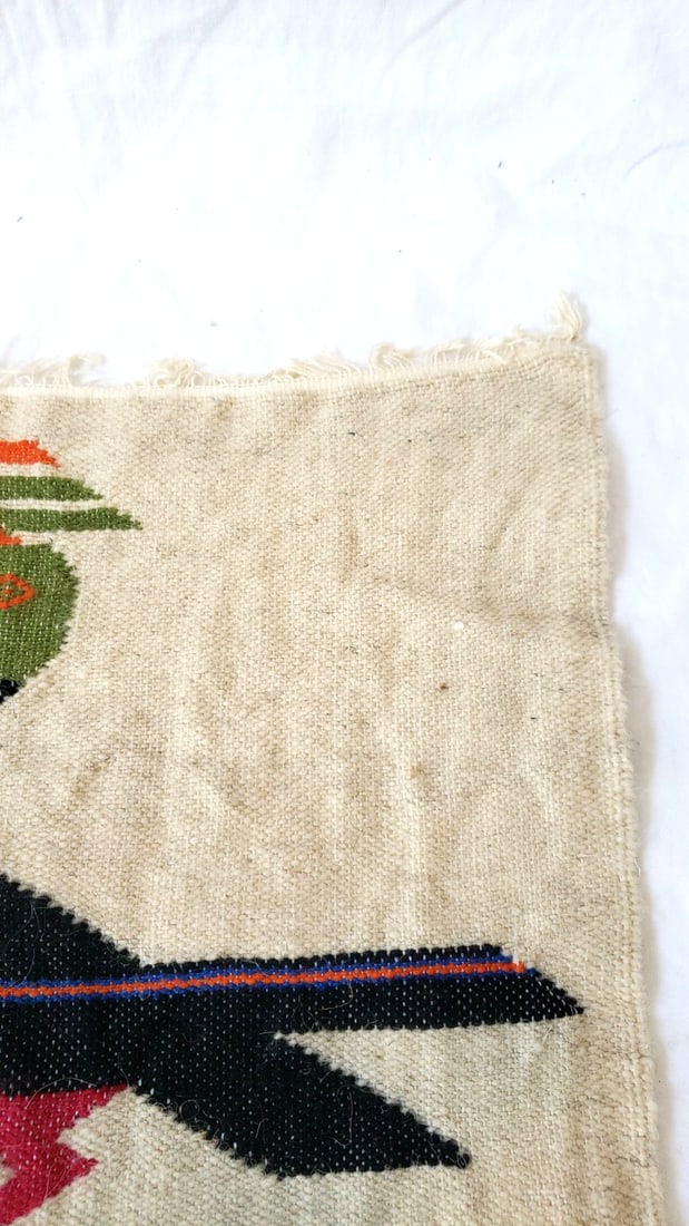 Woven Textile Wall Hanging Rug Bird Motif Beige Black Red Green Fringed Edges - 5