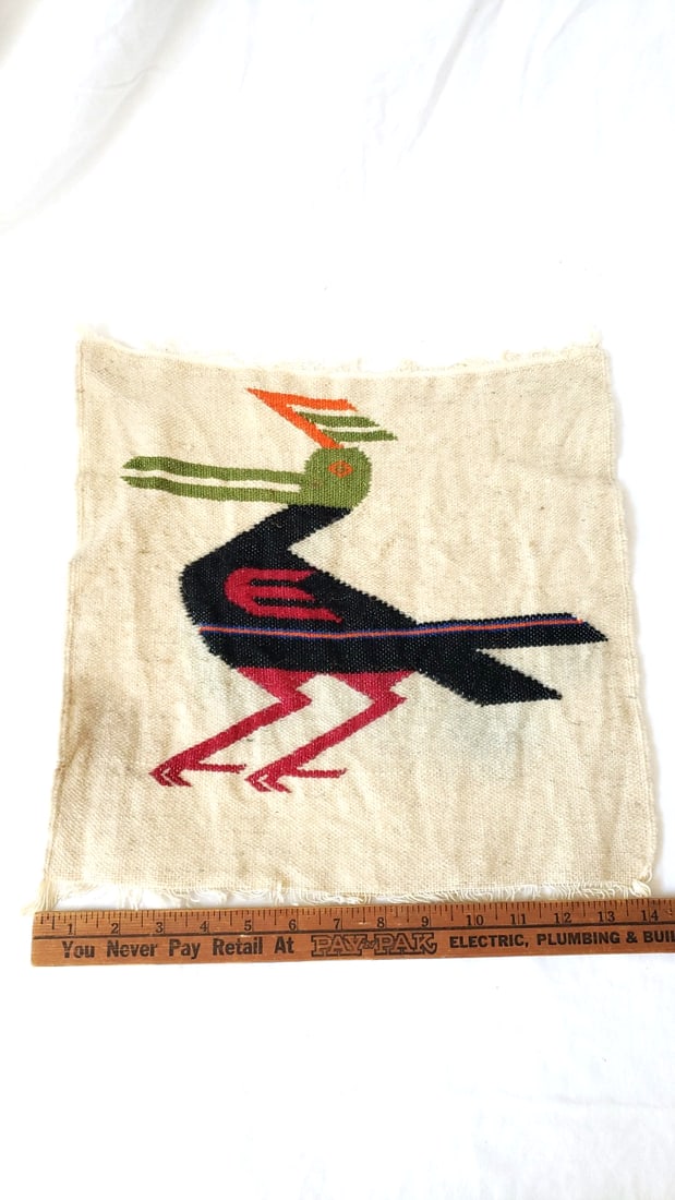 Woven Textile Wall Hanging Rug Bird Motif Beige Black Red Green Fringed Edges - 6