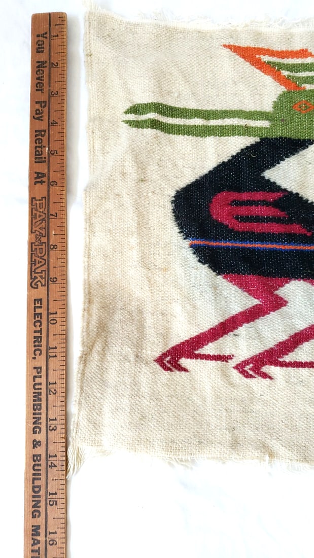 Woven Textile Wall Hanging Rug Bird Motif Beige Black Red Green Fringed Edges - 7