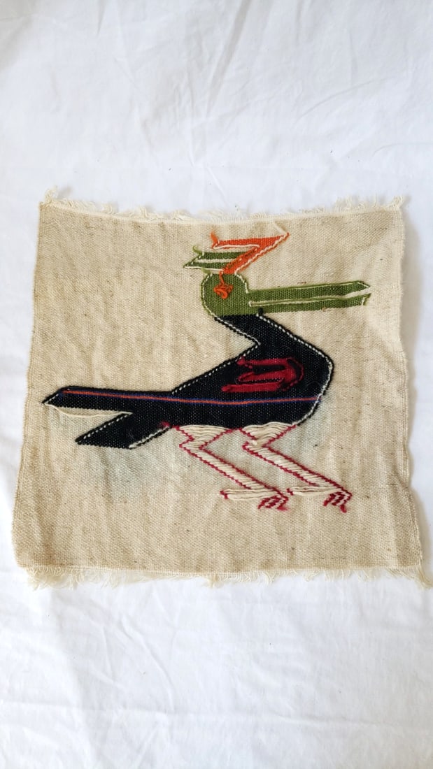 Woven Textile Wall Hanging Rug Bird Motif Beige Black Red Green Fringed Edges - 8