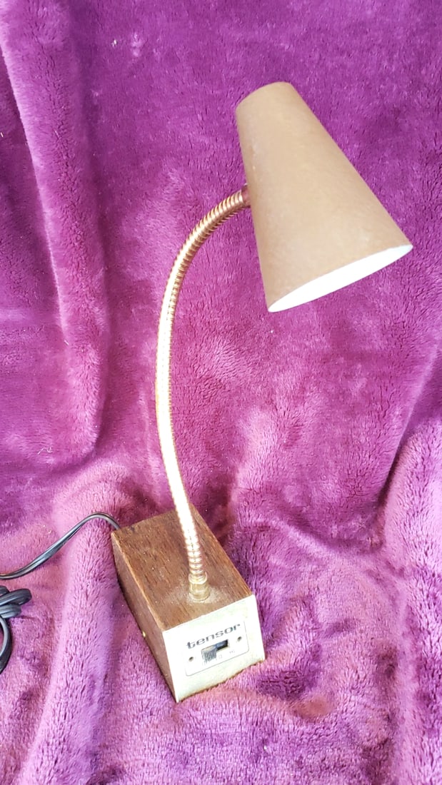 Tensor Student Model 7200 Gooseneck Desk Lamp Wood Base Brass Tone Cone Shade: 6 x 14 x 4 1.5 lb Low Estimate: 20.00 High Estimate: 75.00
