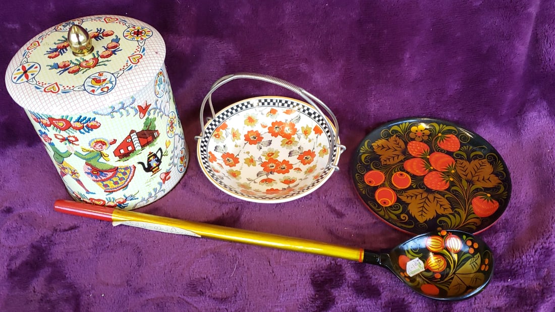 Folk Art Kitchenware Lot: Lidded Tin Canister, Floral Handled Bowl, Khokhloma Plate & Spoon: 18 x 9 x 8 2.2 lb Low Estimate: 15.00 High Estimate: 55.00