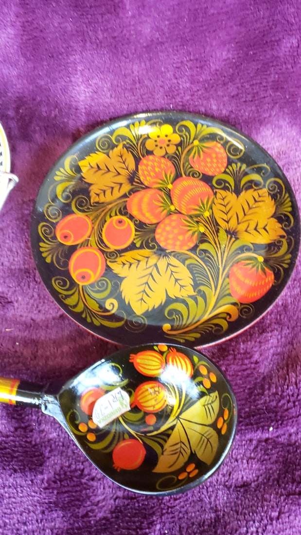 Folk Art Kitchenware Lot: Lidded Tin Canister, Floral Handled Bowl, Khokhloma Plate & Spoon - 2