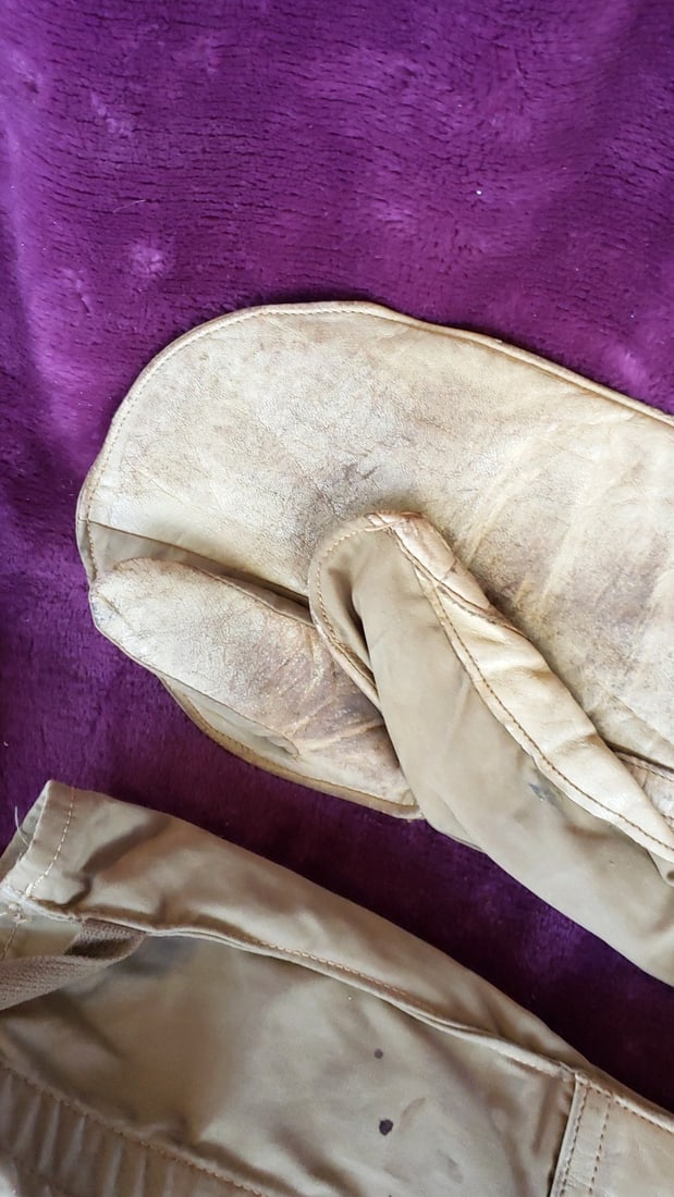 Tan Leather Canvas Trigger Finger Gauntlet Mittens with Liner Military - 2