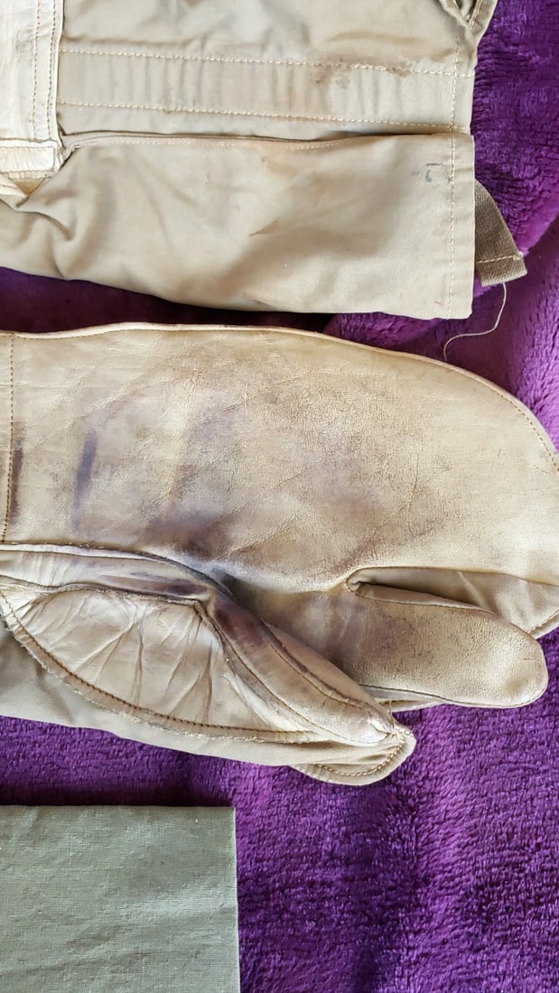 Tan Leather Canvas Trigger Finger Gauntlet Mittens with Liner Military - 4