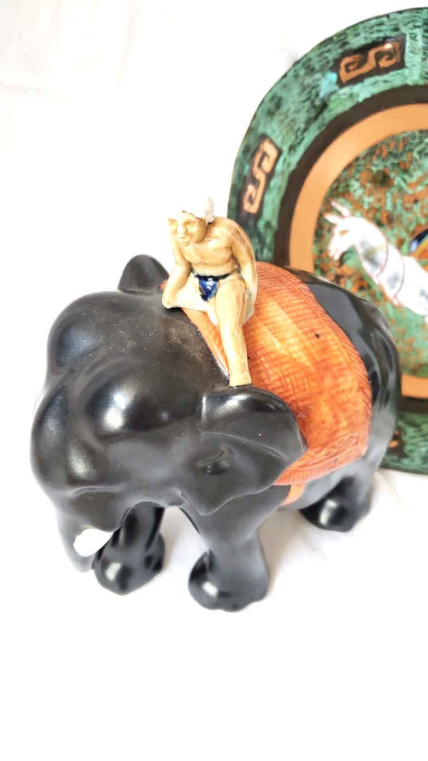 Decorative Animal Lot: Black Elephant with Rider, Turquoise Plate, Wooden Pelican Carving - 2