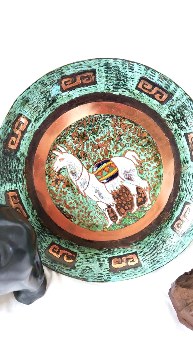 Decorative Animal Lot: Black Elephant with Rider, Turquoise Plate, Wooden Pelican Carving - 3