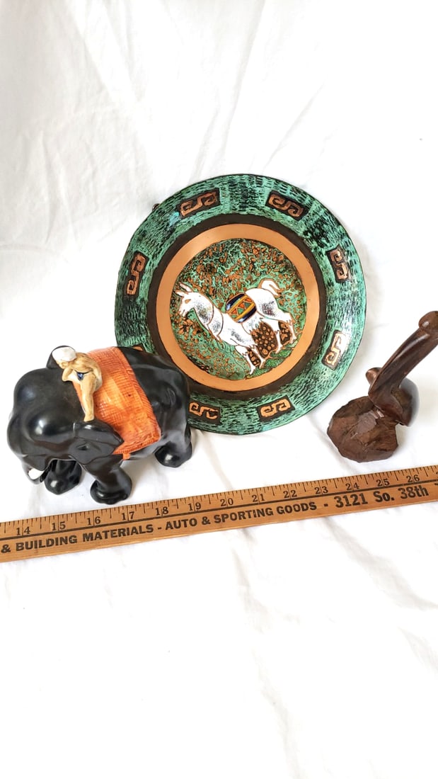 Decorative Animal Lot: Black Elephant with Rider, Turquoise Plate, Wooden Pelican Carving - 5