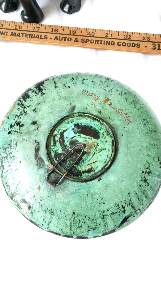 Decorative Animal Lot: Black Elephant with Rider, Turquoise Plate, Wooden Pelican Carving - 6